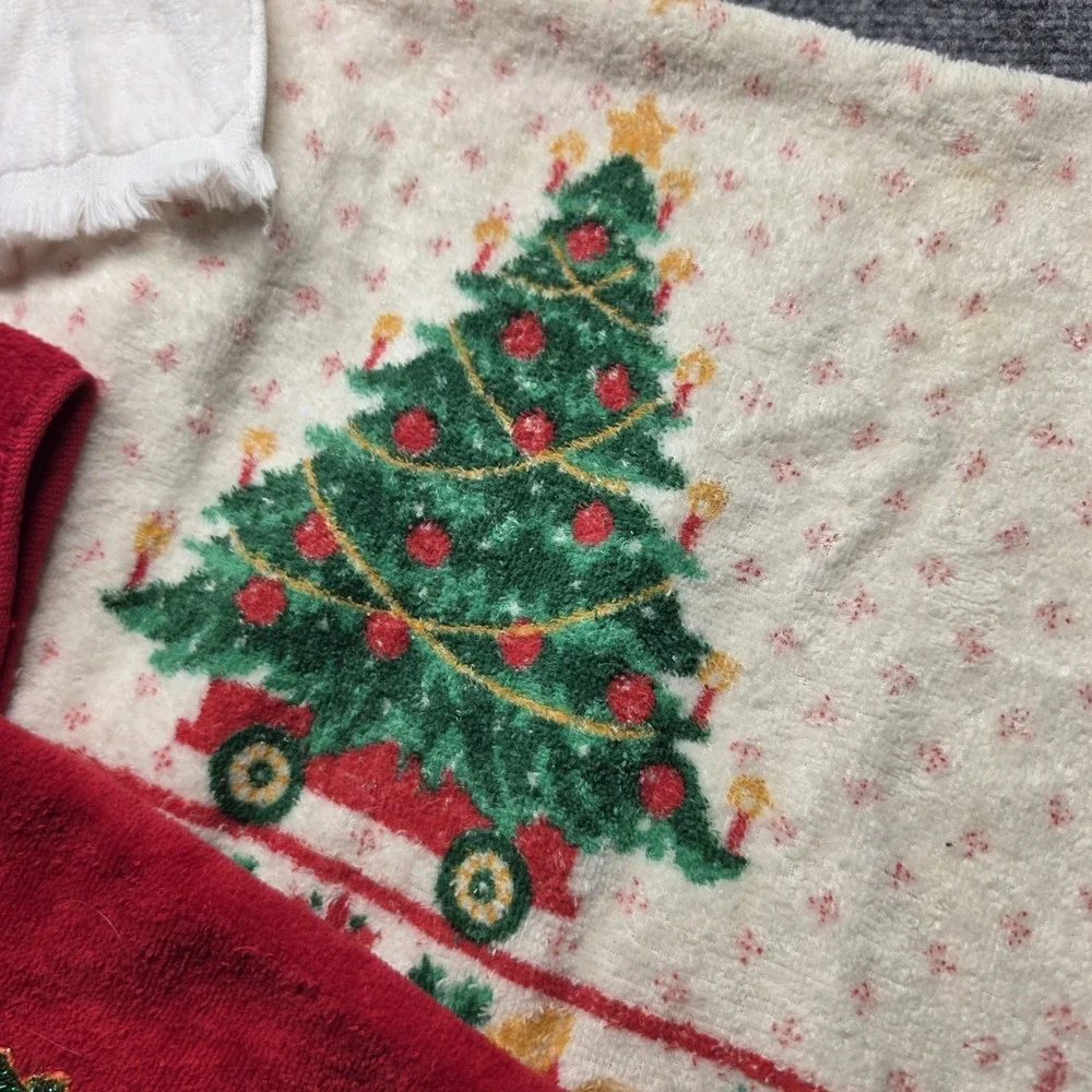 Vtg Holiday Kitchen Lot Haband Christmas Tree Apron Top XL + 4 Hand Towels Noel